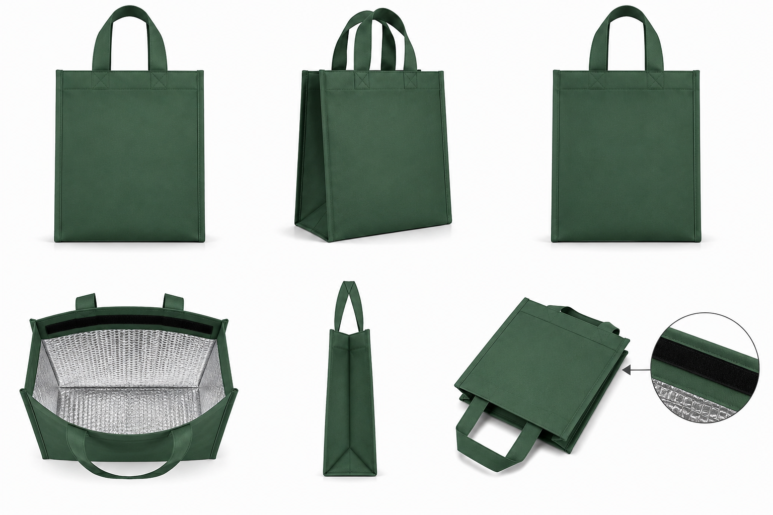 Sage green cool bag specification sheet showing front, side, interior, folded bag and Velcro closure